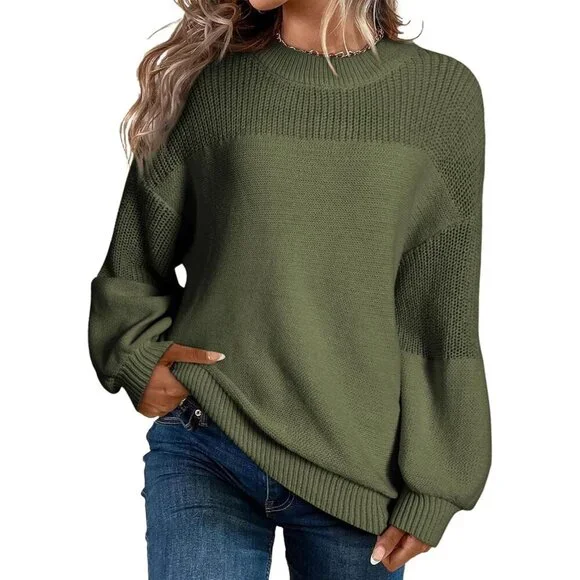 Women's Green Long Sleeve Jumper Sweaters Tops Loose Crewneck Knit Pullover - Picture 1 of 6